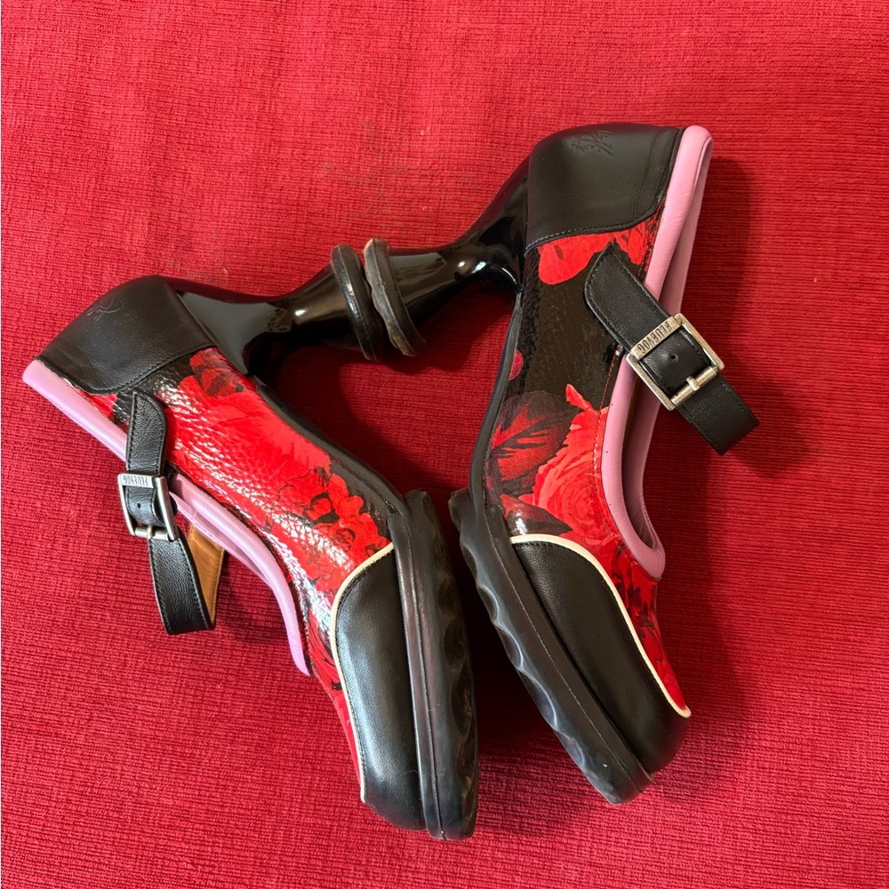 John Fluevog Black and Red Floral Mary Jane Heels with Pink Trim - Picture 6 of 9